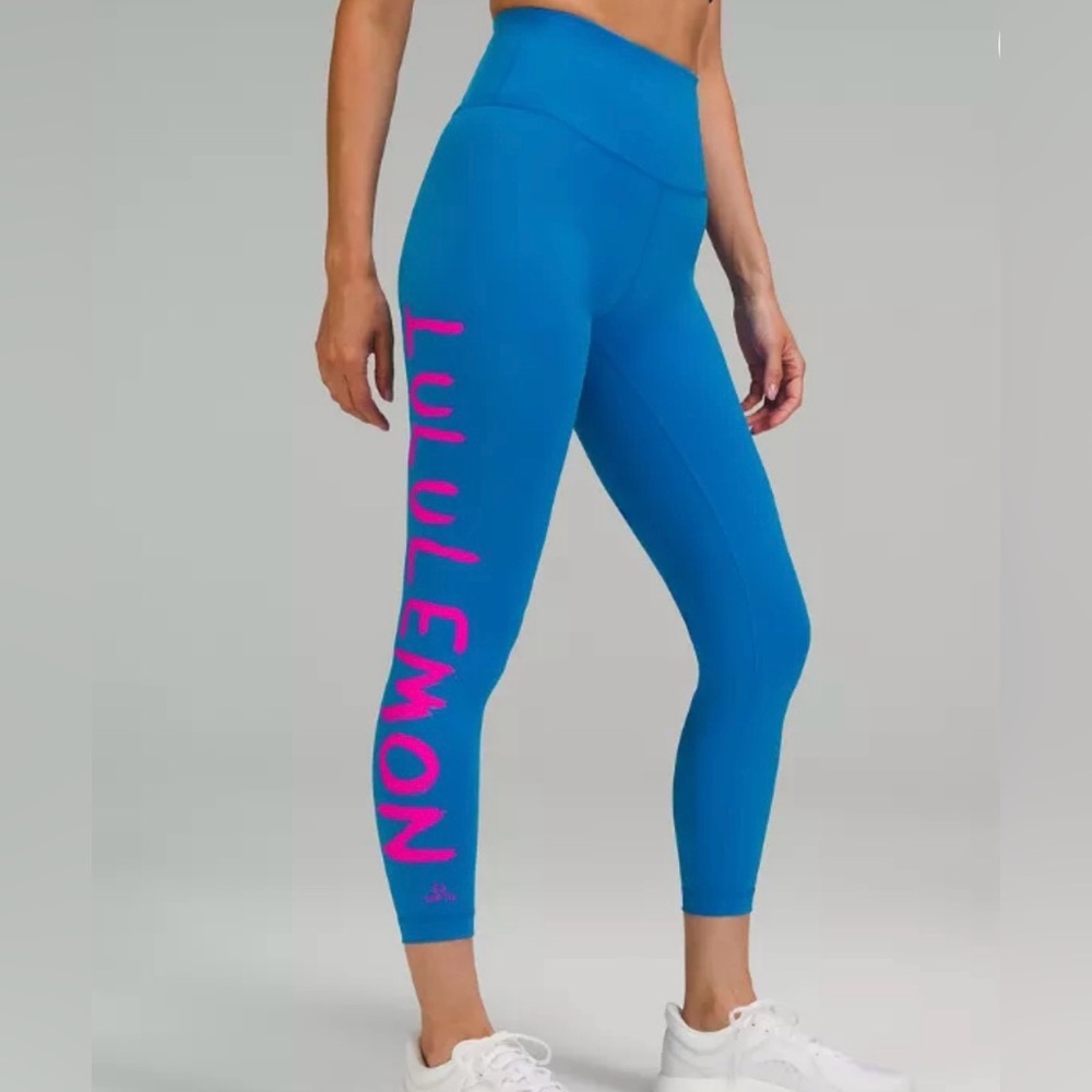 lululemon athletica Blue Leggings with Pink Logo